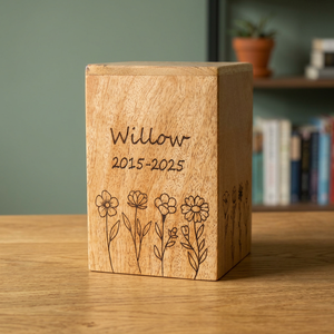 Personalized Wooden Pet Urn Engraved With Name And Dates Floral Design Natural Wood Finish Cremation <b>Keepsake</b> <b>Box</b> - Product Image 4