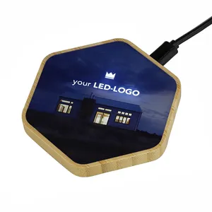 Cargador inalámbrico de bambú para teléfono móvil, almohadilla de carga rápida con logotipo LED personalizado, ecológico, 10W