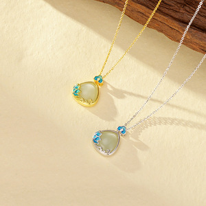 S925 <b>Sterling</b> <b>Silver</b> Enamel Lotus Inlaid Jade <b>Necklace</b> Dainty Retro Oriental Jewelry Gift For Women Girls Daily Wear - Product Image 6