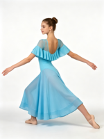 Robe de danse latine bleu clair à volants et manches flottantes, dos ouvert en maille transparente, jupe fluide en mousseline, costume pour femme adulte