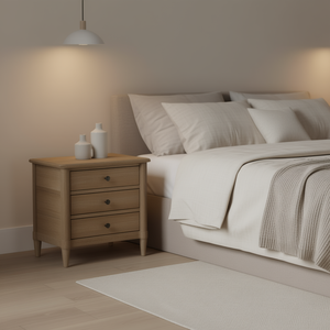 Table de chevet moderne en bois massif de style européen avec 2 tiroirs, design à panneaux, finition sable clair, idéale pour chambre à coucher ou appartement - Product Image 2