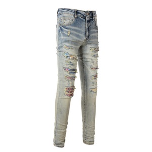 <span class=keywords><strong>Jeans</strong></span> Vintage Blu da <span class=keywords><strong>Uomo</strong></span> Slim Fit in Denim Distressed, Pantaloni Strappati e Distrutti, Stile Streetwear Hip Hop, Vendita all'Ingrosso - Product Image 1