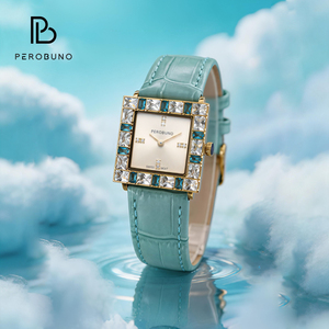 Reloj Elegante para Mujer PeroBuno, Esfera con Incrustaciones de Topacio, Correa de Cuero, Azul y Rosa, <span class=keywords><strong>Serie</strong></span> Cubo de Azúcar - Product Image 6