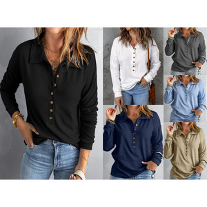 Pull tricoté décontracté pour femme grande taille, à manches longues, col à revers boutonné, couleur unie, collection automne-hiver, idéal pour le dropshipping Shopify - Product Image 5