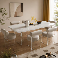 Table à manger en dalle de roche blanche avec bordure de 5 cm, pieds en acrylique transparent, style moderne minimaliste, ensemble de 2 pièces, mobilier de bureau réglable