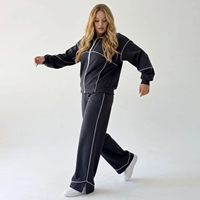 Setelan Olahraga Wanita Retro Dua Potong OEM, Model Longgar dengan List Kontras, Jaket Ritsleting, Celana Lurus, Tracksuit Wanita