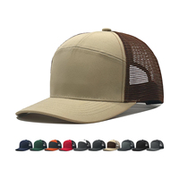 Topi Trucker Jaring Berpanel 7 dengan Logo Bordir Kustom, Patch Kulit Klasik, dan Pinggiran Datar Terstruktur