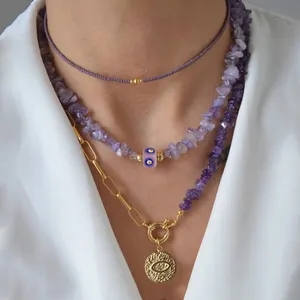 Collana di perline di ametista in pietra naturale fatta a mano da donna con ciondolo alla moda con ciondolo a forma di occhio di demone misterioso