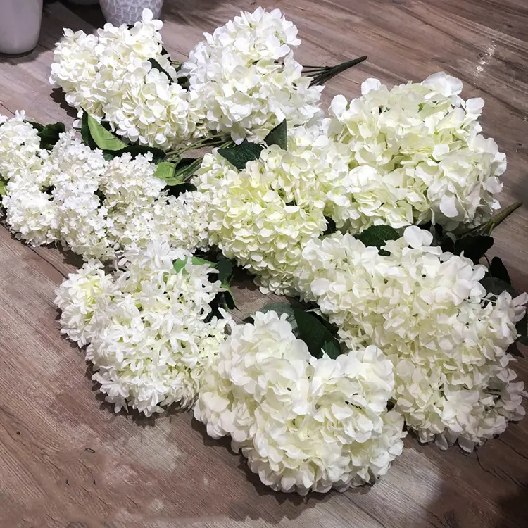 Ifg buquê de flores artificiais de seda, flores de hortência branca com 5 cabeças