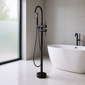Grifo de Bañera Independiente de Suelo Negro Mate con Doble Salida y Desviador, Accesorios para Grifos de Baño - Product Image 2