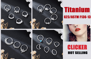 Titanio Piercing gioielli 2 linee Cz pietra forato Piercing al naso incernierato Astm F136 segmento Piercing anello da donna - Product Image 6