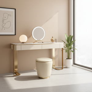 Ensemble de coiffeuse de luxe moderne en bois massif de style européen avec miroir éclairé, pieds dorés, tabouret de coiffeuse multifonctionnel et écologique - Product Image 4