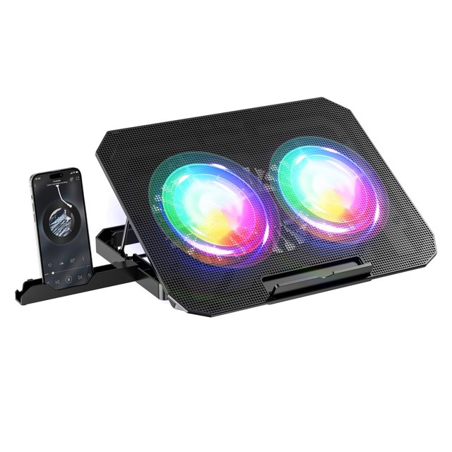 2-in-1 Dual USB Port Adjustable Height Laptop Cooling Pad With RGB Light 2 Cooler Phone Holder Stand Plastic Material