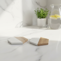 Sous-verres hexagonaux en marbre blanc et bois d'acacia de 4 pouces, sous-verres pour tasse à café, table en bois, mug à bière, décoration de Noël, cadeau de pendaison de crémaillère