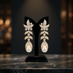 Boucles d'oreilles pendantes élégantes en perles Ping Bling pour femmes, dorées, motif floral, feuilles de cristal, de luxe, pour mariée, mariage, déclaration de style - Product Image 2