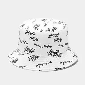 Embroidery Bucket Hat Summer Fashion Designer Reversible Custom Logo All Over Print Embroidered Cotton Fisherman Bucket Hat With Private Brand Label