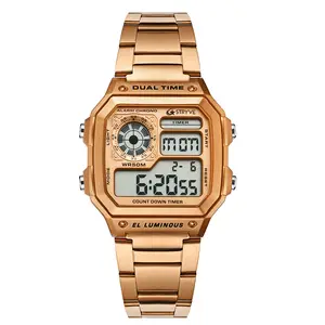 Jam tangan Led Digital, jam tangan Digital modis Retro penuh baja tahan karat 8007 mewah hitung mundur, tahan air, olahraga, Led, jam tangan persegi