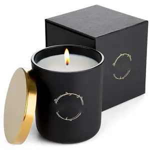 10盎司空的透明香味磨砂黑色玻璃烛罐，配有木制或金属盖