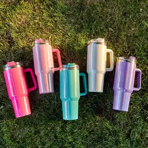 Regenboog 40Oz Roestvrij Staal Vacuüm Warm Water Cup Met Handvat Eigentijds Design Stro Thermos Beker Voor Kamperen En Reizen