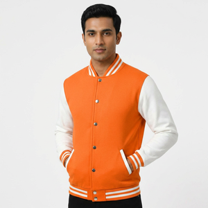 Men's Winter Varsity <b>Jacket</b> Quick Dry Orange & <b>White</b> Letterman PolyesterCotton Body & Polyester Sleeves Stand Collar - Product Image 1