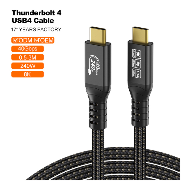 Thunderbolt 4 Twisted Wires 240W 40Gbps Ultra-Fast Data Transfer USB4 Cable 8K 60Hz Video Aluminum Alloy Shell Type-C Compatible