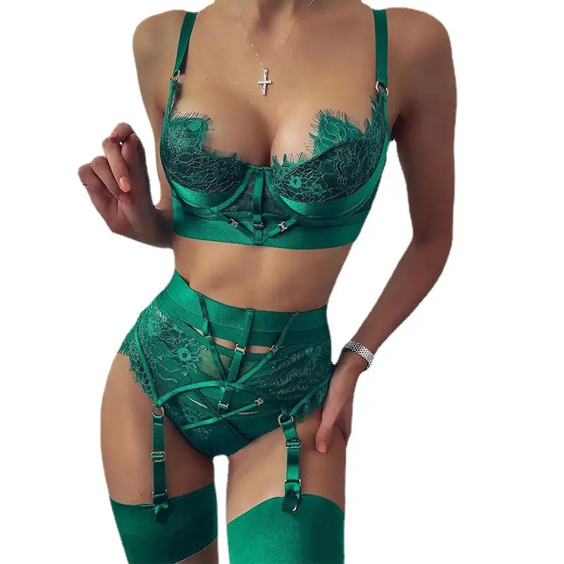 RTS Sexy Hot Fashion Show Women Underwear Green Red New Lace stitching Sexy Lingerie 2 Pieces Women Sexy Shaper Lingerie Set