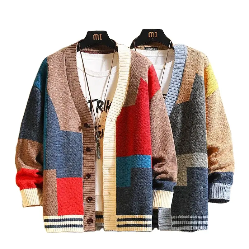 Cárdigan grande de primavera y otoño para hombre, suéter de punto con cuello en V, puerto de viento, empalmado, antiarrugas, transpirable, nuevo Color