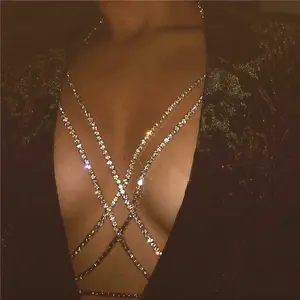 Cadena de cuerpo de cristal brillante para mujer y niña, cadena de pecho para Bikini con diamantes de imitación, sujetador para club nocturno, accesorios para el cuerpo, joyería