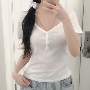 Camiseta Casual de Manga Corta con Cuello en V para Mujer, Minimalista, Básica, de Color Sólido, Tejido Texturizado, Transpirable, de Spandex/Poliéster - Product Image 5