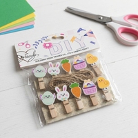 Pinces à linge en bois de Pâques 3,5 cm, motifs lapin, œuf, poussin, carotte, décoratives, avec ficelle de jute pour loisirs créatifs et décoration