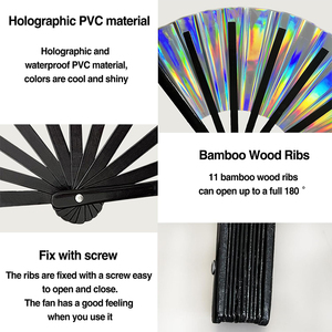 Logotipo personalizado de fábrica, diseño holográfico Clack grande, música Rave, ventilador de mano de bambú para festivales, fiestas, bodas, ventiladores plegables fuertes - Product Image 3