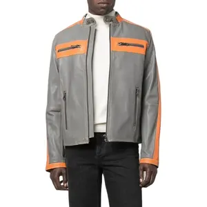 Nieuwe Aankomst Knop Up Mock Hals Contrast Lambrisering Zip Up Winddicht Bomber Jas Heren Faux Lederen Motor Biker Jacket