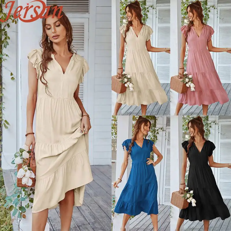 Robes d'été pour femmes, manches pétales, col en V, volants en cascade, vacances, ligne A, Sexy, robes décontractées, vêtements Kleid ubranya