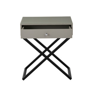Koda 23 In Taupe Wooden End <b>Table</b> With Glass <b>Top</b> <b>Drawer</b> Metal Cross Base - Product Image 4