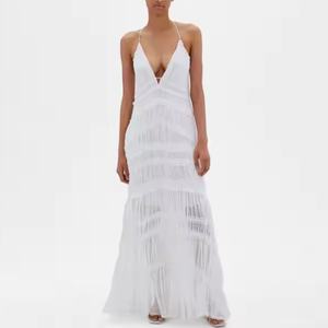 Vestido largo de lino con tirantes finos y cuello halter, estilo festivo, talla grande, con aberturas, para mujer, precio bajo, gran oferta - Product Image 1