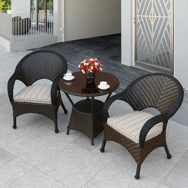 Veranda Bistro 3 adet açık hava mobilya seti Pe Rattan hasır siyah sandalyeler sehpa cam masa bahçe dinlenme mobilyası