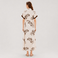 Robe chemise longue brodée motif cachemire blanc et marron pour femme, à manches courtes, col contrastant, ceinture intégrée, vente en gros OEM ODM