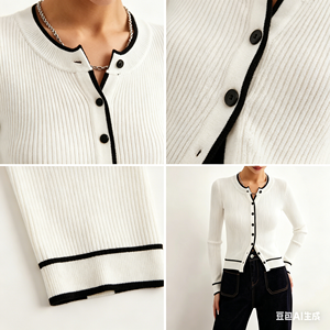 <span class=keywords><strong>Cardigan</strong></span> in Maglia a Coste da Donna, Vestibilità <span class=keywords><strong>Slim</strong></span>, con Bordi a Contrasto, Stile Francese Minimalista, Morbido ed Elastico, Giacca in Maglia per Signore - Product Image 3