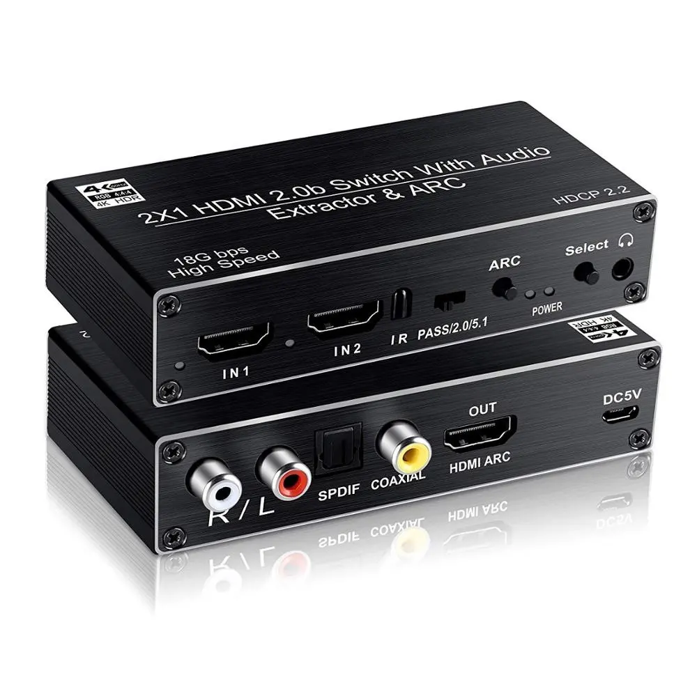 OZV2 HDMI 2.0b Switch 2x1 Splitter 2 in 1 4K@60HZ Switcher Box with ARC Remote Optical Toslink SPDIF+Coaxial+Analog RCA Audio