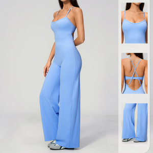 Combinaison de yoga brossée pour femme FH, dos croisé, pantalon large, une pièce, tenue de sport extensible, amincissante, décontractée, vêtements de sport, direct usine - Product Image 3