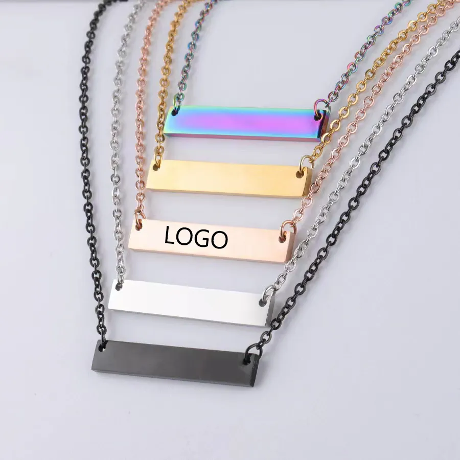 custom engrave jewelry name plated stainless steel gold plated t bar necklace for women ladies birthday gift