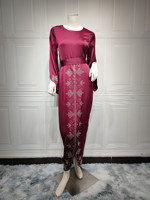 Elegante Islamische Abaya Muslimisches Abendkleid Traditionelles Polyester-Kleid mit Pailletten Paisley-Muster Langarm Knöchellang Locker Geschnitten FK087