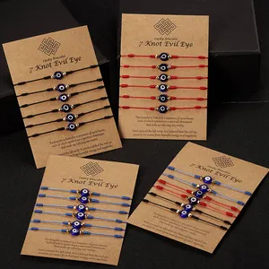 6PCS/SET Ethnic Style Handmade Braided Blue Red Black Cord Woman 7 Knot Charm Lucky Turkish Evil Eye Bracelet Jewelry With Card