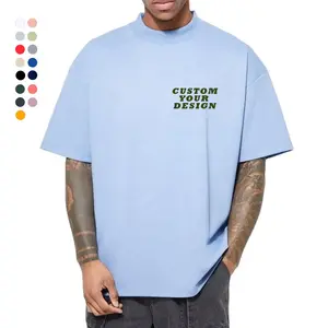 Blank 300 Gsm Tshirt Men's 100% Cotton Mock Rib Neck Oversize Drop Shoulder T-shirt Blank Streetwear Heavyweight Plain T Shirt For Men