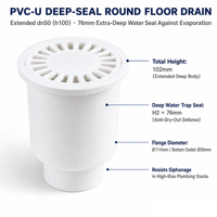 Siphon de sol rond en PVC-U robuste à joint profond DN50 H100, extension 76mm, avec siphon anti-vapeur
