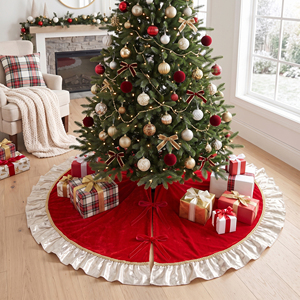 Jupe de sapin de Noël en velours rouge 150 cm/58 po avec tresse dorée et volants champagne, décorations de Noël de luxe pour la maison - Product Image 2