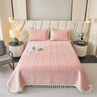 Ensemble de couvre-lit matelassé en velours 3 pièces, matelassage intégral, franges à pompons, couvre-lit élégant à la française avec taies d'oreiller