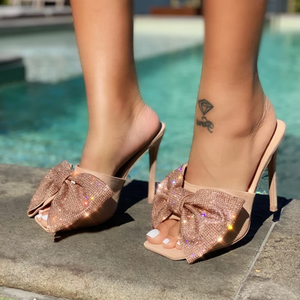 Sandales à talons hauts personnalisées avec nœud papillon en strass pour filles, chaussures fantaisie d'été à bout carré, grandes tailles 43 - Product Image 5