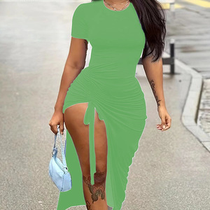 2024 da <span class=keywords><strong>donna</strong></span> Sexy e Slim girocollo tinta unita disegna a fessura pieghettata <span class=keywords><strong>abiti</strong></span> irregolari a maniche corte da <span class=keywords><strong>donna</strong></span> <span class=keywords><strong>eleganti</strong></span> da <span class=keywords><strong>donna</strong></span> - Product Image 4