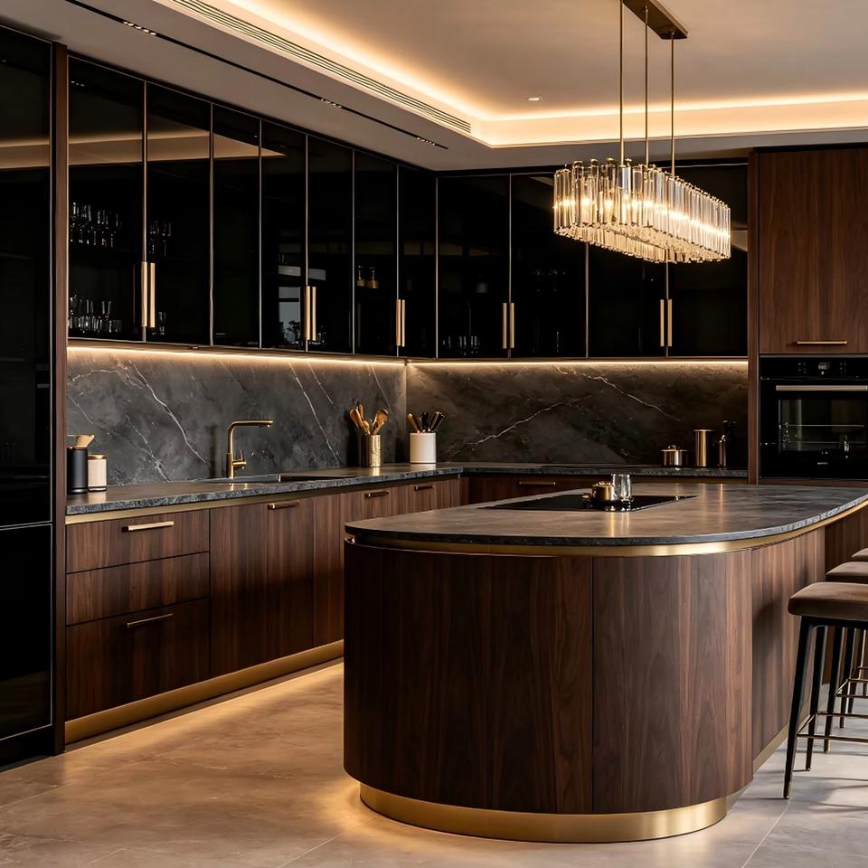 Premium Bespoke Kitchen Cabinetry Black Glass Display Cabinet Built-in ...